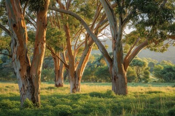 Fototapeta premium Sunlit Eucalyptus Trees in a Lush Green Meadow