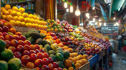 Fruit market with various colorful fresh fruits and vegetables