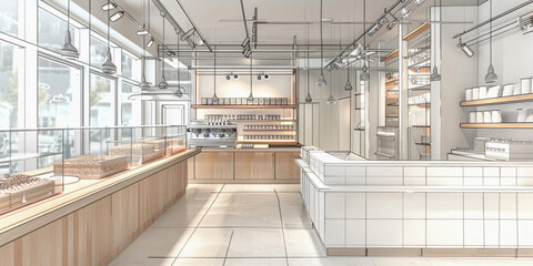 An interior design drawing of the confectionery area