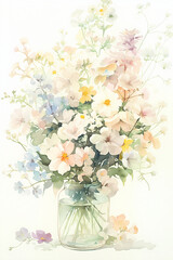 Watercolor bouquet of summer flowers in a jar. Soft pastel floral arrangement  for greeting card, invitation, poster, calendar.