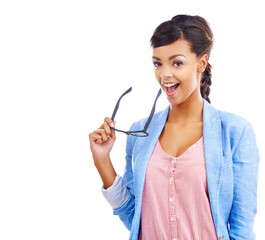 Wow, portrait and girl with glasses in studio for news, promo and deal information with mockup on...