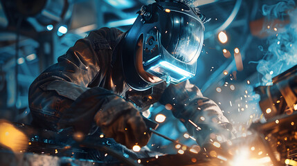 A man. equipped with futuristic eyewear and a protective helmet