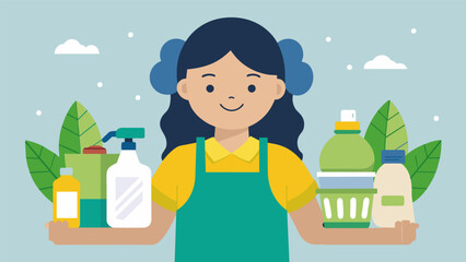 A woman proudly showing off her homemade cleaning products made from natural and affordable ingredients.