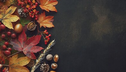 colorful autumn leaves nuts and grasses corner border over a rustic dark banner background above...