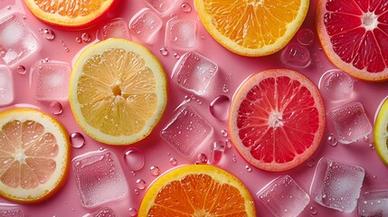  slice of citrus with ice cubes on pink background