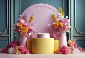 'template decorated flowers pink paper render store 3d pedestals cylinder background fashion pastel showcase cosmetics stand colors presentation blank botanical yellow poduim'