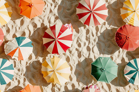 aerial view of colorful beach umbrellas on sand