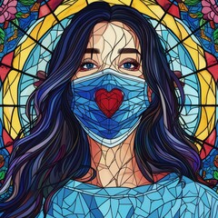 Woman in Mask with Stained Glass Background - obrazy, fototapety, plakaty