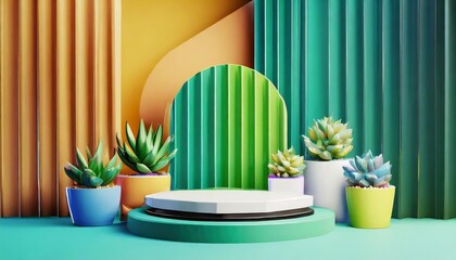 3d rendering of podium and abstract geometric with empty space for kids or baby product succulents and cactus with colorful pastel background
