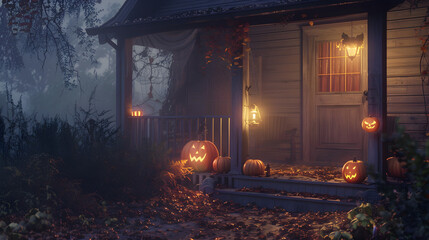 A misty Halloween night with lanterns and pumpkins adorning the front porch of a house. casting eerie shadows and creating a chilling atmosphere. 