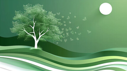 illustration white tree on green hills
