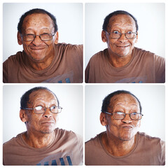 Senior, man and collage with funny faces for comedy, humor or personality in montage. Elderly male...