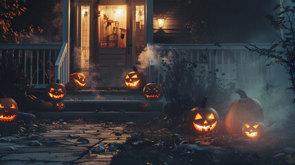 A misty Halloween night with lanterns and pumpkins adorning the front porch of a house. casting eerie shadows and creating a chilling atmosphere.  - obrazy, fototapety, plakaty
