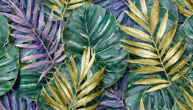 tropical colourful leaves in blue green gold purple hand painted 3d illustration floral seamless pattern premium texture abstract background luxury mural art exotic wallpaper digital paper