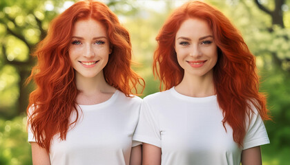Two beautiful young sisters with gorgeous red hair smiling and wearing blank white t-shirts