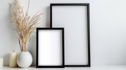 Two frames leaning against a white wall. Two frames inside a white minimalist room.