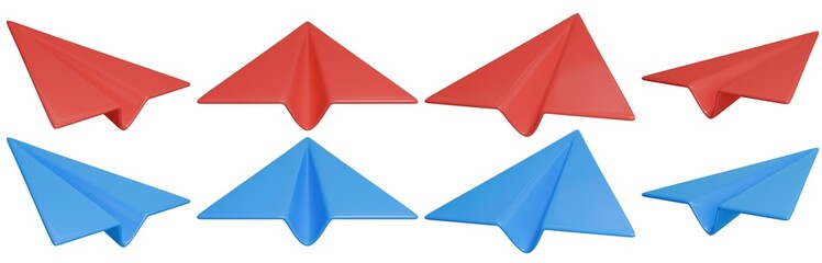 Blue and red cartoon paper plane set. Isolated folded plane. 3D rendering.