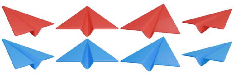 Blue and red cartoon paper plane set. Isolated folded plane. 3D rendering.