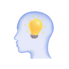 Creative mind or brainstorm or creative idea concept with abstract human head silhouette and bulb lamp. 3D illustration. Idea, inspiration and innovation, genius. Vector 3D illustration