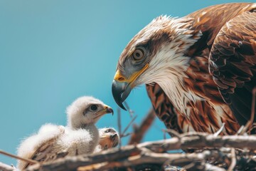 An osprey is next to two baby birds in a nest, a breathtaking nature photograph