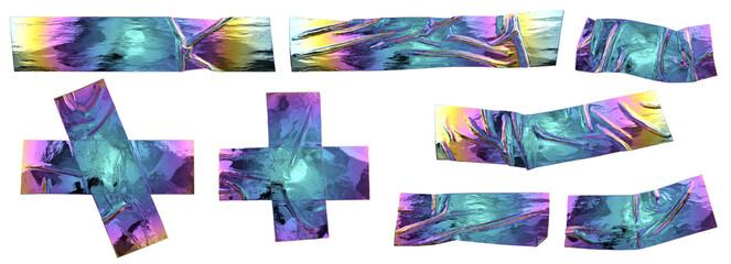 Crumpled iridescent foil adhesive sticky tape. Isolated holographic metal crumpled scotch pieces set for modern design.
