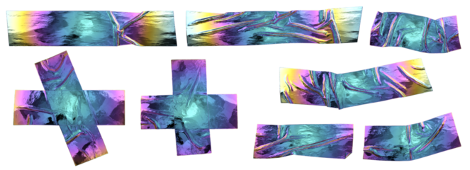 Crumpled iridescent foil adhesive sticky tape. Isolated holographic metal crumpled scotch pieces set for modern design.