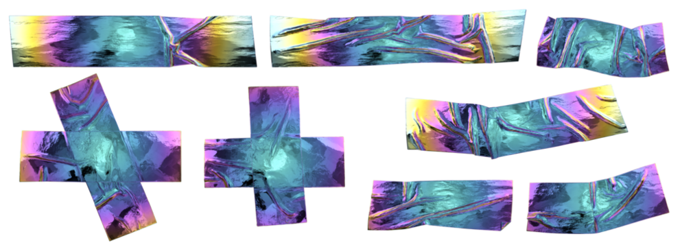 Crumpled iridescent foil adhesive sticky tape. Isolated holographic metal crumpled scotch pieces set for modern design.