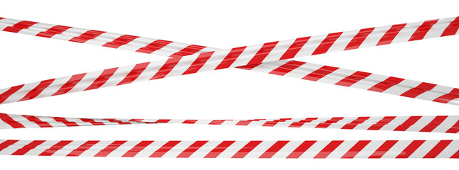 Isolated crossed warning tape with red and white stripes. Stretched and twisted caution ribbon.
