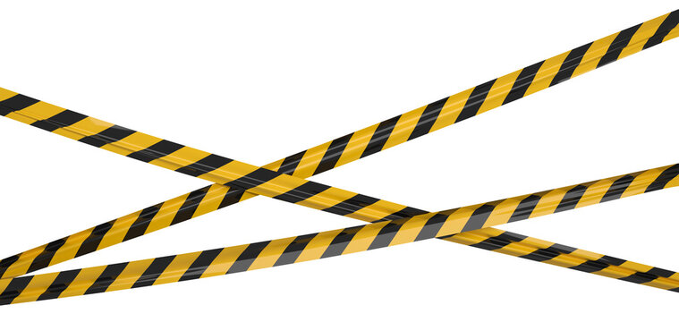 Isolated crossed warning tape with yellow and black stripes. Stretched caution ribbon.