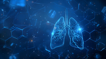 A pair of lungs showing the left and right lobes are shown in blue. against an abstract background of hexagons and lines - obrazy, fototapety, plakaty