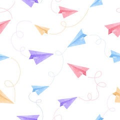 Colorful paper airplanes pattern. Vector doodle illustration with watercolor planes