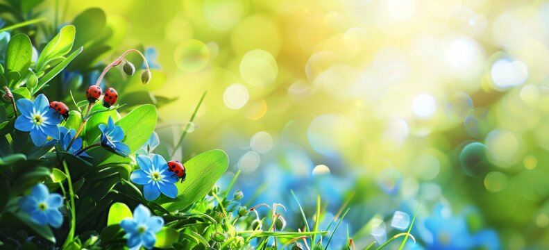 Abstract spring background with blue forgetmenot flowers and ladybugs on blurred green grass Generative AI
