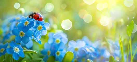 A vibrant background of blue forgetmenots and small ladybugs, bathed in soft sunlight with bokeh effects Generative AI - obrazy, fototapety, plakaty