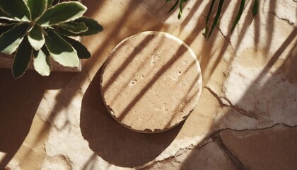 natural stone podium tile with plant shadow and sunshine luxury beauty and cosmetic product placement mockup on summer natural aesthetic display beige rock material texture background top view