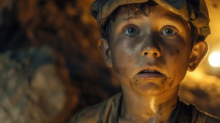 A young boy working in a mine, with a worried expression on his face, highlighting the issue of child labor in mining.