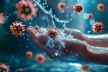 Closeup of virus particles washed off hands with soap and water. Concept Virus Particles, Hand Hygiene, Closeup Photography, Healthcare Illustration - obrazy, fototapety, plakaty