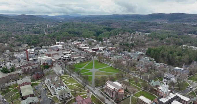 Spring aerial video of Hanover, NH on a partly cloudy day.
