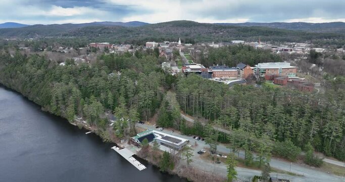 Spring aerial video of Hanover, NH on a partly cloudy day.