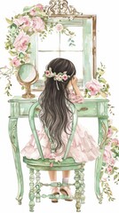 A little girl with long black hair sits in front of a vanity with a mirror. She is wearing a pink dress and has flowers in her hair.