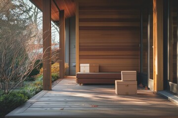 Boxes sitting on porch of modern house architecture hardwood building.