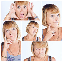 Woman, collage and facial expressions in studio with humour or funny emotions as comedian. Female...
