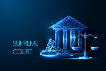 Supreme court, legal system, justice futuristic concept with courthouse, scales, and gavel 