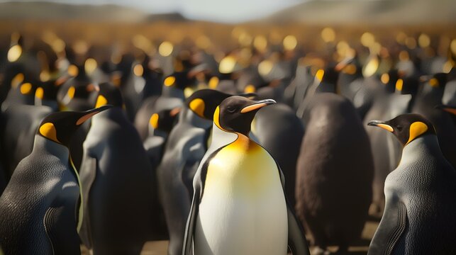 Group of King penguins in a field on the Falkland Islands