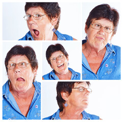 Fototapeta premium Senior, woman and collage with funny expressions for comedy, humor or personality in montage. Elderly female person with silly faces in collection, frame or series of goofy emotions, joke or poses