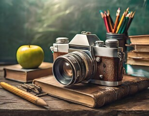 Una c&aacute;mara vintage sobre un escritorio