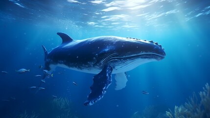 Fototapeta premium Humpback whale in the deep blue ocean. 3d illustration