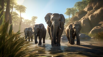 Elephants in the jungle of Sri Lanka. 3d render - obrazy, fototapety, plakaty