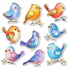 Watercolor bird stickers set, cute and colorful, depicting various bird species, isolated on white background. - obrazy, fototapety, plakaty