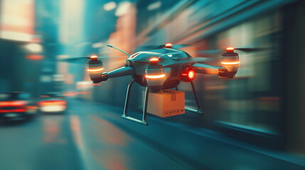 A quadcopter drone with illuminated lights is carrying a package, seamlessly navigating between high-rise buildings in a city at twilight - Generative AI