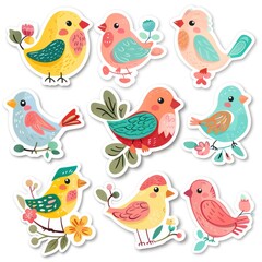Colorful bird stickers set, hand-drawn in watercolor, perfect for adding a touch of nature to your designs.